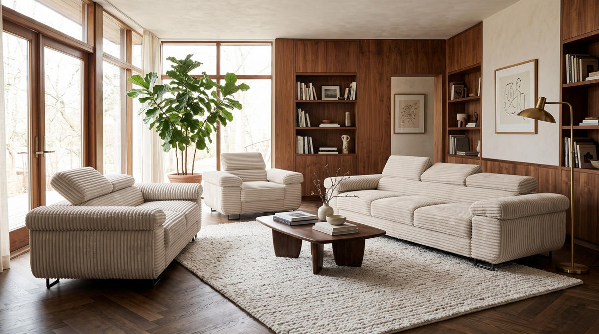 GUSTAW Sitzgarnitur 3+2+1, Schlafsofa 3-Sitzer, Cordbezug Ecru - Ecru, Textil (225/92/101cm) - KS Home Concept