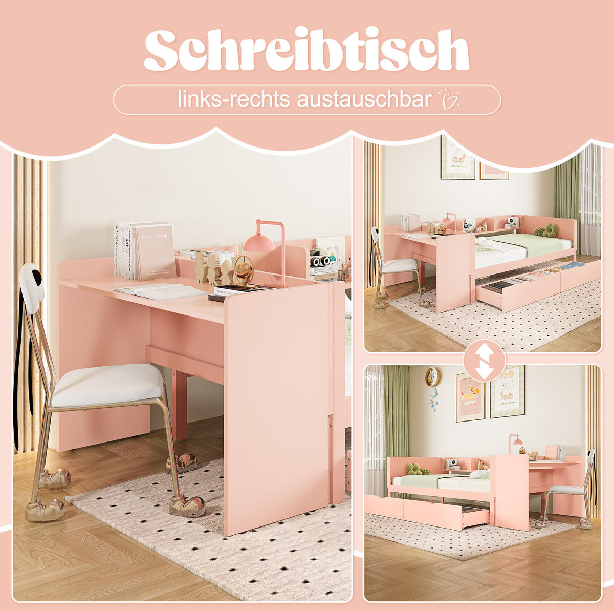 KINDERBETT 90/200 cm mit Schreibtisch, 3 Regalen, 2 Schubladen und Absturzsicherung aus Kiefer/Spanplatte, Rosa/Weiß - Rosa, Holzwerkstoff (90/200cm) - Redom