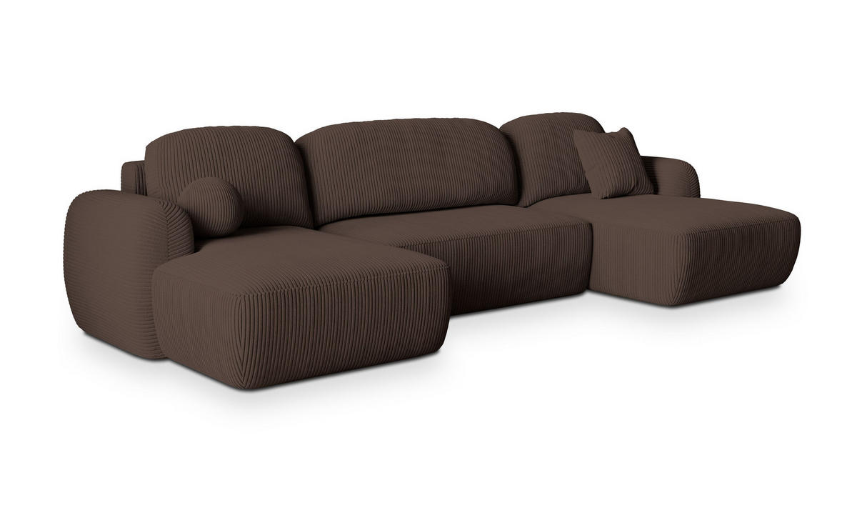 WOHNLANDSCHAFT SAVONA P Braun Kordstoff mit Schlaffunktion - Braun, Holz (350/90/148cm) - MASSENO