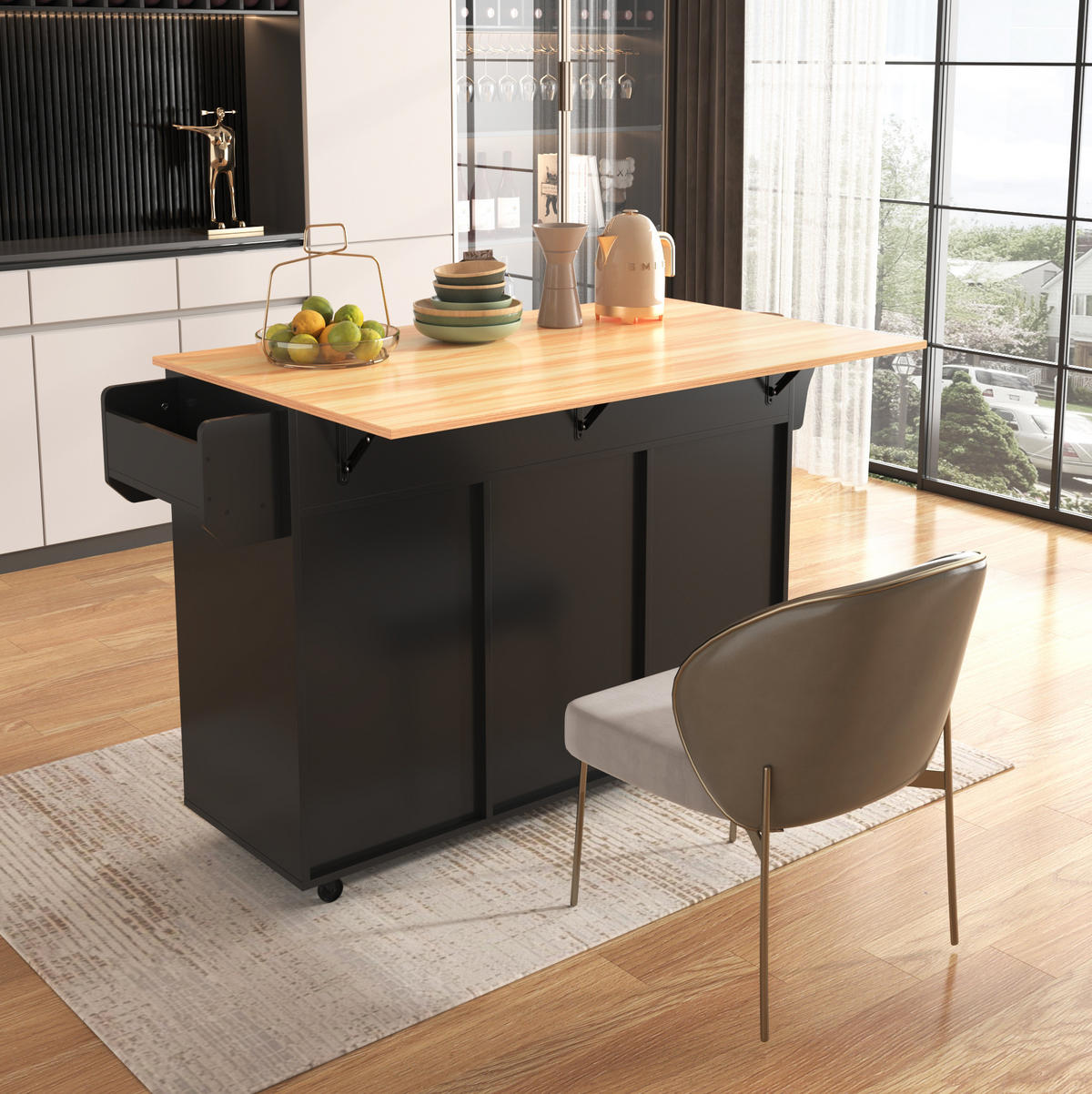 KÜCHENWAGEN mit Klappplatte 139 x 46(71) x 91,5 cm Schwarz/Natur - Schwarz, Holz (46/91.5/139cm) - Beauniv