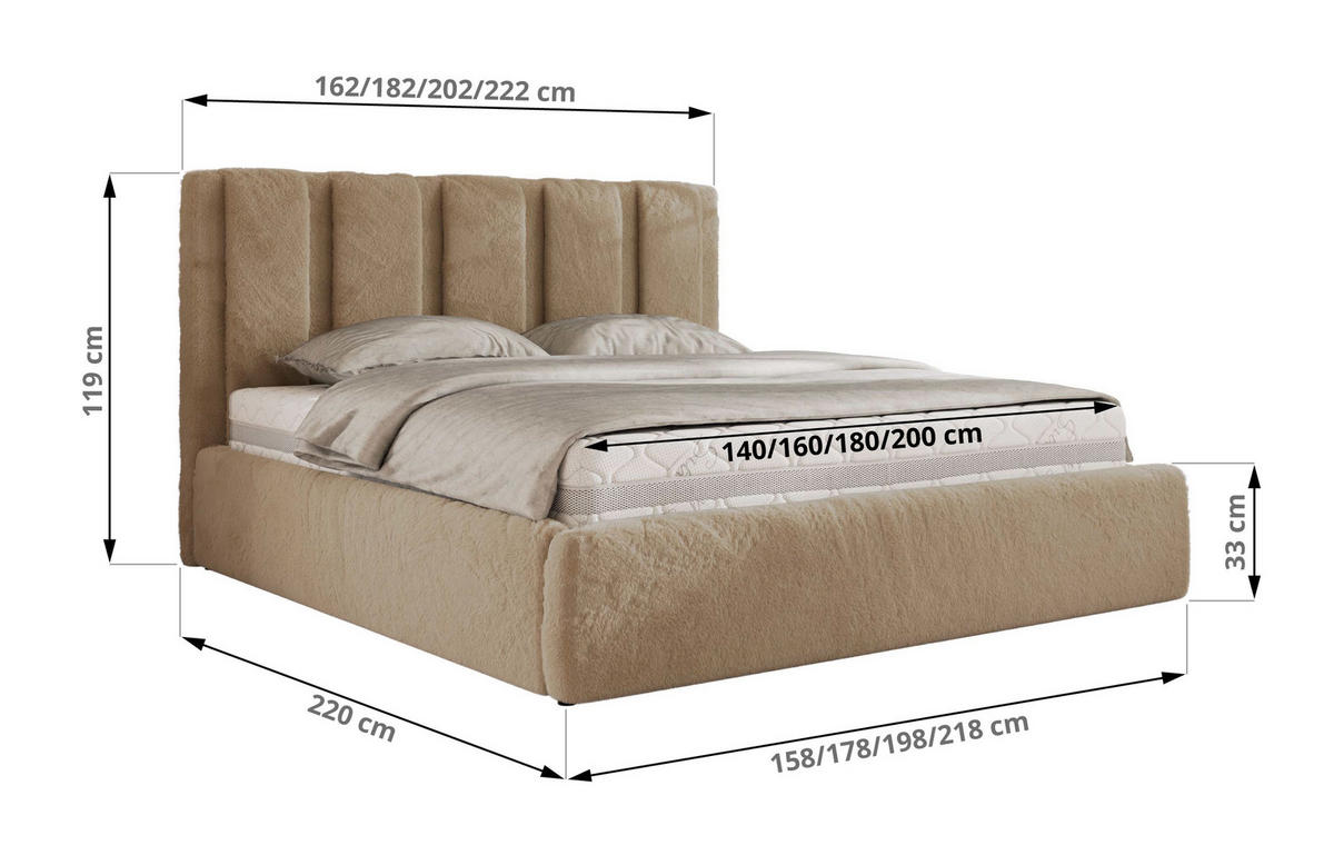 POLSTERBETT SAVINO CLASSIC 160/200 - Beige Plüsch - Schaum-Matratze - Beige, Textil (160/200cm) - MKS