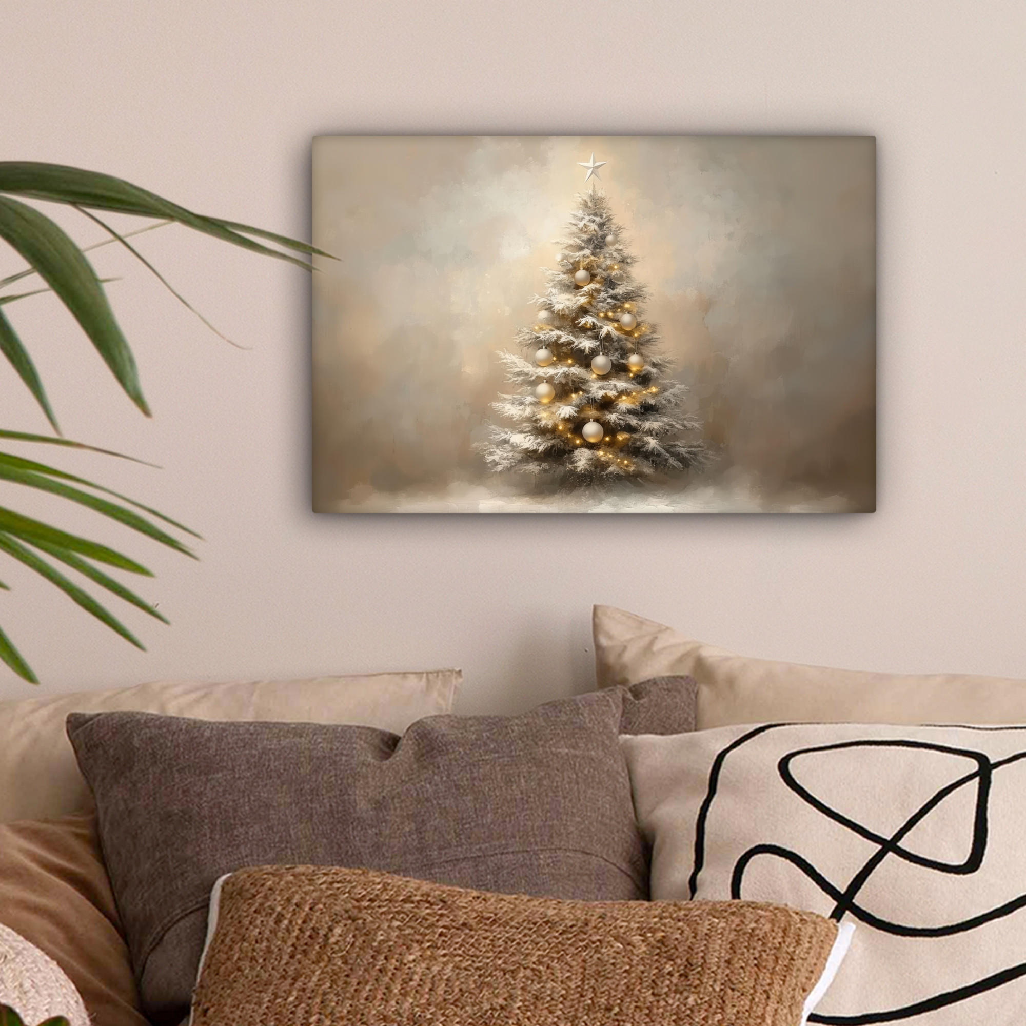 LEINWANDBILD Weihnachten - Weihnachtsbaum - Schnee - Kunst 30x20 cm - Champagner, Textil (30/20cm) - MuchoWow