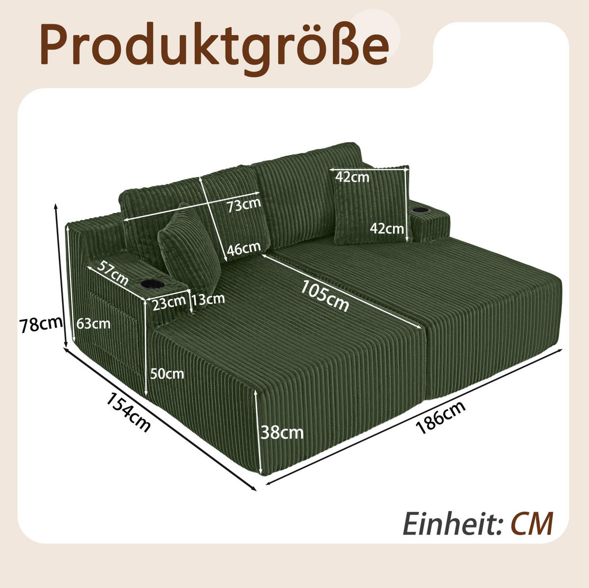 SCHLAFSOFA mit Getränkehalter, Seitentasche und abnehmbaren Kissen aus Schaumstoff, Grün - Grün, Kunststoff (186/78/154cm) - Redom
