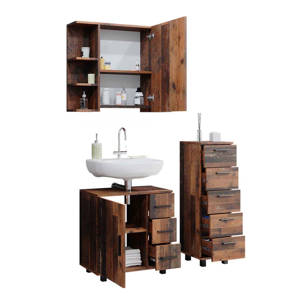 BADMÖBEL-SET Ilias Eiche rustikal 3 Teile, mit Midischrank - Wildeiche, Holzwerkstoff (60/60.8/33cm) - Vicco