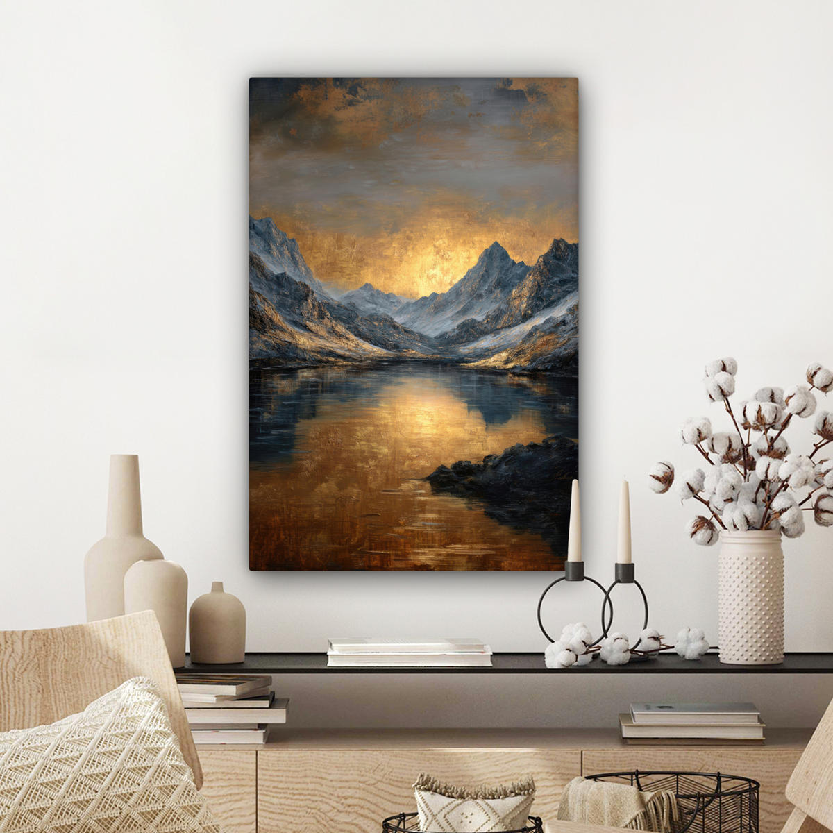 LEINWANDBILD Bergkulisse mit goldenem Sonnenuntergang Wanddeko Schlafzimmer 60x90 cm - Goldfarben, Textil (60/90cm) - MuchoWow