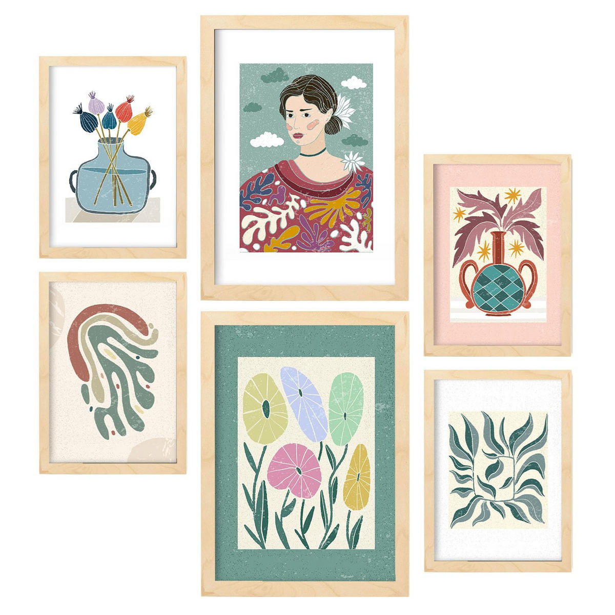 POSTER Set Mit 6 Drucken Blüten In Der Sammlung Von Ethnischenen Ästhetische Dekorative Für Zuhause Wandkunstdruck A3 & A4 Rahmen Aus Hellem Holz - Beige, Papier (29/3cm) - Nacnic