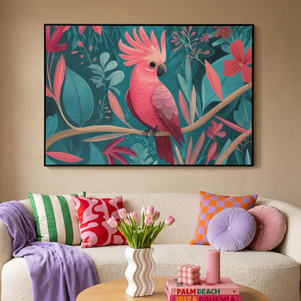 LEINWAND Bilder mit Rahmen - Kakadu - Tropische Blätter - Zweig - 120x80 - Petrol, Textil (120/80cm) - MuchoWow