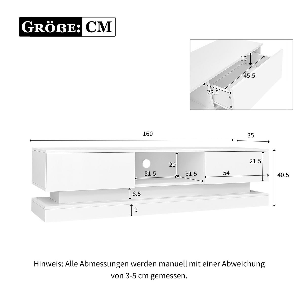 LOWBOARD 160/35/40.5 cm Weiß aus Spanplatte mit LED-Beleuchtung - Weiß, Holzwerkstoff (35/40.5/160cm) - OKMYHOME