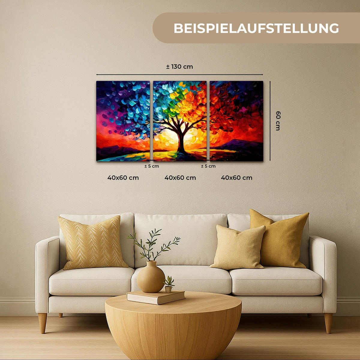 LEINWANDBILD 3er Set Baum - Farbenfroh - Malerei-Look - Abstrakt 120x60 cm - Multicolor, Textil (120/60cm) - MuchoWow