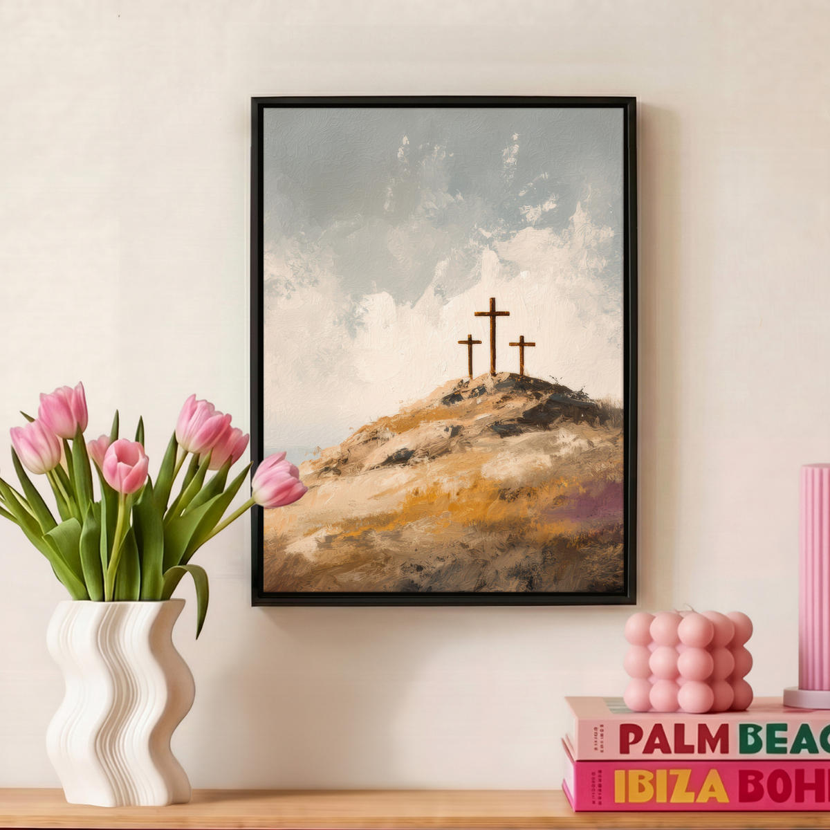 LEINWAND Bilder mit Rahmen - Hügel - Abstrakt - Christentum - Kreuz - 30x40 - Hellgrau, Textil (30/40cm) - MuchoWow