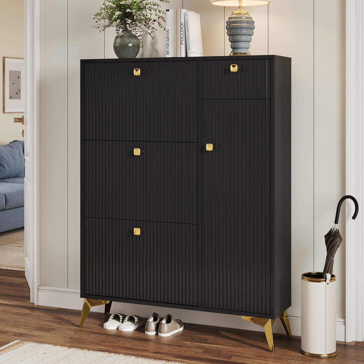 SCHUHSCHRANK aus Spanplatte 90x25x121cm in Schwarz mit Kippsicherung - Schwarz, Holzwerkstoff (90/121/25cm) - Modfu
