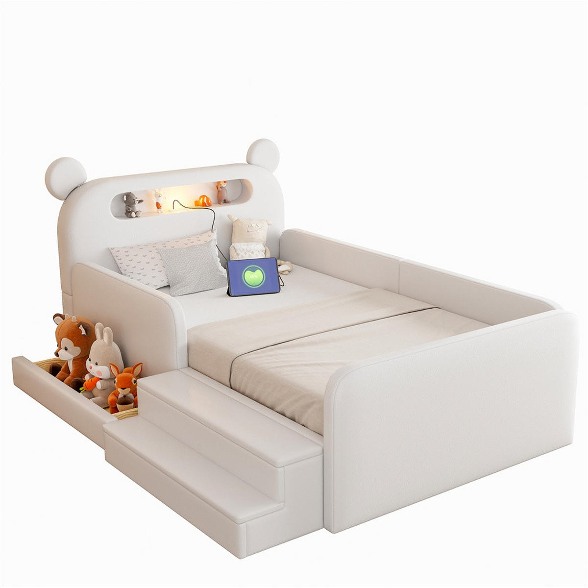 POLSTERBETT 90x200 cm mit Bären-Kopfteil - Nachtlicht & USB - mit Stauraum - Weiß - ohne Matratze - Weiß, Textil (90/200cm) - DELFA