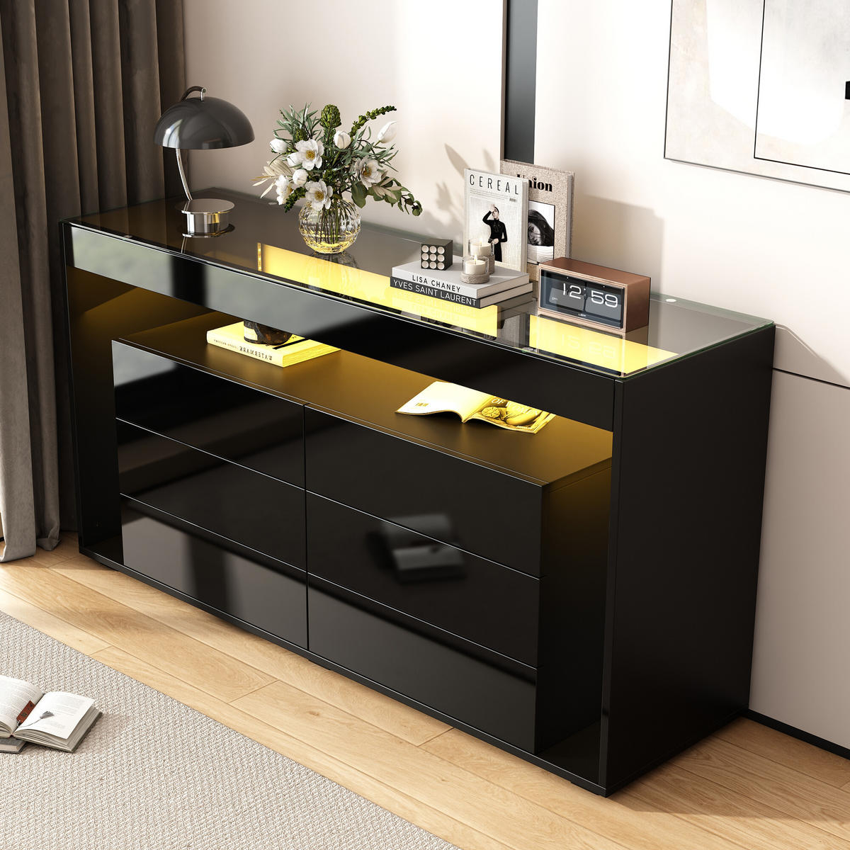SIDEBOARD mit 6 Schubladen und LED Schwarz - Schwarz, Glas/Holzwerkstoff (40/72/140cm) - Urban Meuble