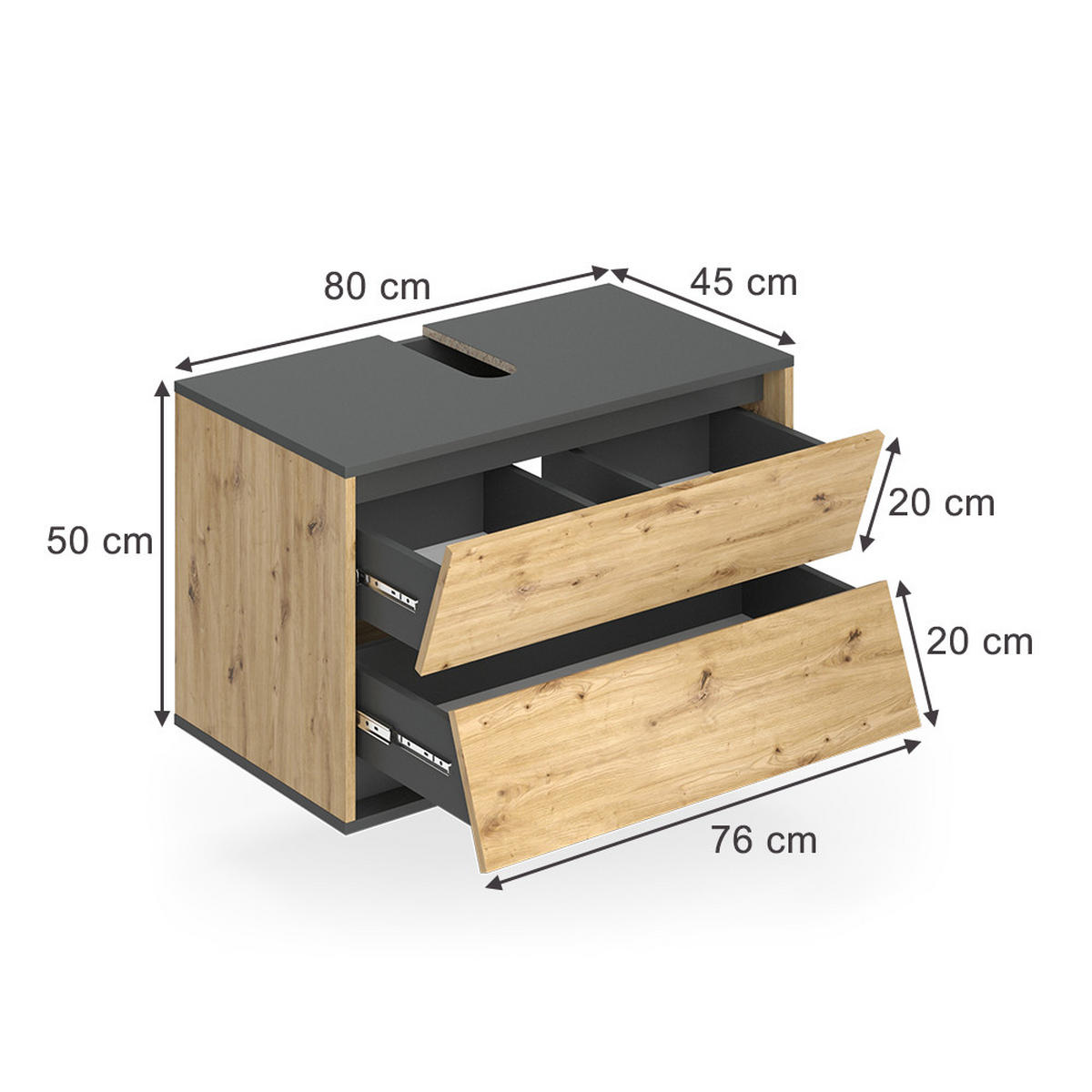 WASCHBECKENUNTERSCHRANK Edelin Anthrazit/Artisan 80 x 50 cm mit 2 Schubladen - Anthrazit/Eiche Artisan, Holzwerkstoff (80/50/45cm) - Vicco