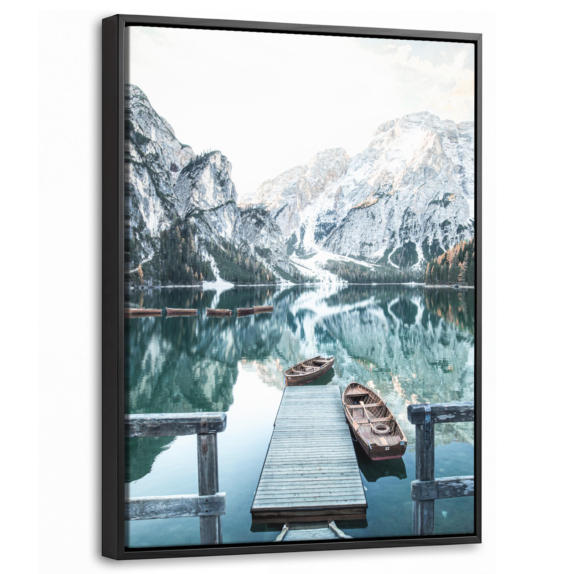 LEINWAND Bilder mit Rahmen - Natur - Berge - Schnee - Wald - Boot - 30x40 - Hellgrün, Textil (30/40cm) - MuchoWow