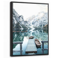 LEINWAND Bilder mit Rahmen - Natur - Berge - Schnee - Wald - Boot - 30x40 - Hellgrün, Textil (30/40cm) - MuchoWow