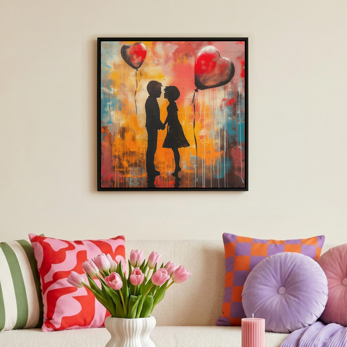 LEINWAND Bilder mit Rahmen - Straßenkunst - Liebe - Graffiti - Kunst - Banksy - 50x50 - Orange, Textil (50/50cm) - MuchoWow