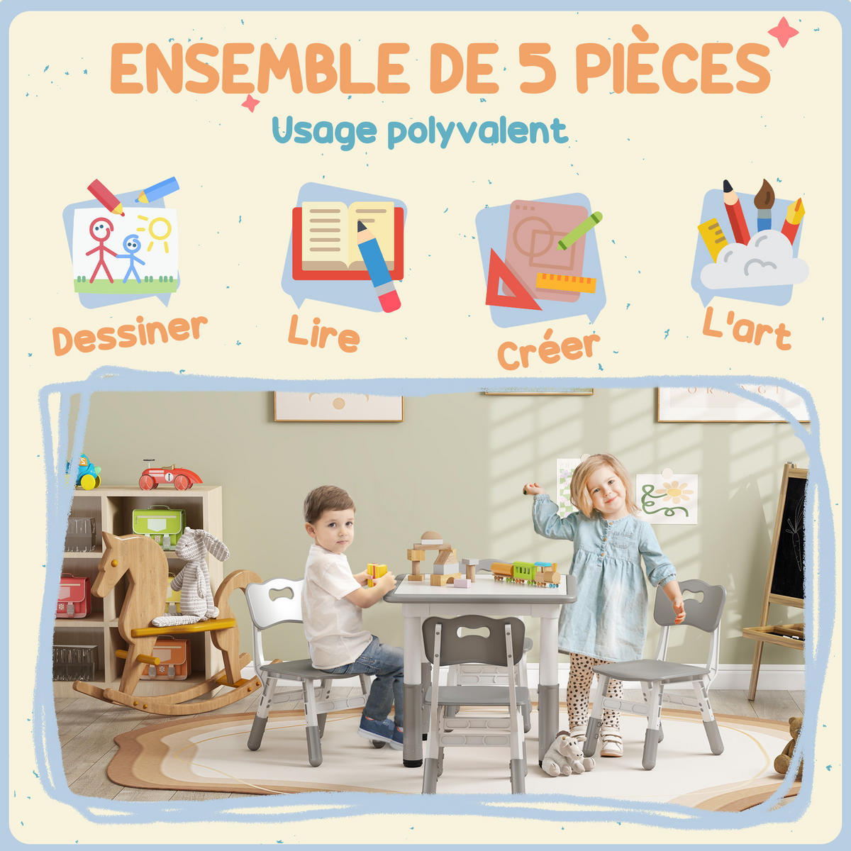 KINDERSITZGRUPPE DE-17549 höhenverstellbar mit 4 Stühlen Grau - Grau, Holzwerkstoff (60/58/60cm) - ComfortXL
