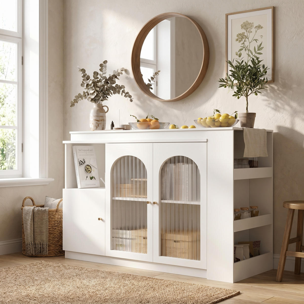 BARSCHRANK 360° drehbar & weiß mit glastüren & flexiblem bartisch - Weiß, Holzwerkstoff (40/120/97cm) - Urban Meuble