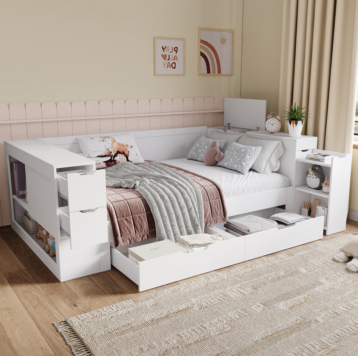 KINDERBETT 90/200 cm aus MDF mit Schublade, Regal und Nachttisch Weiß - Weiß, Holzwerkstoff (90/200cm) - Modenvie