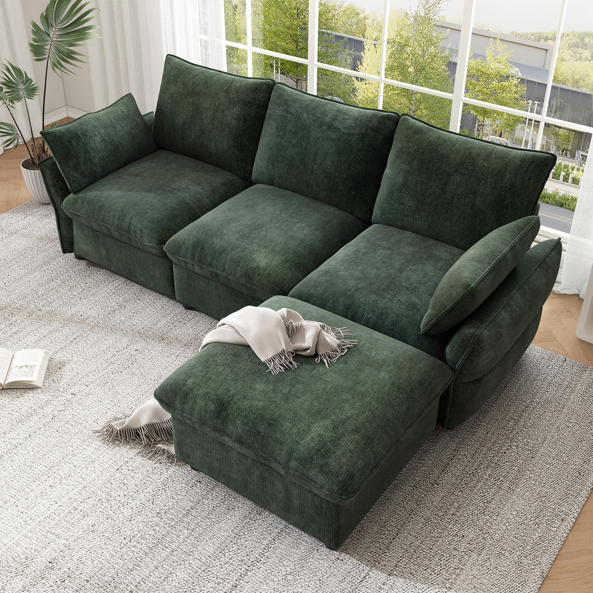 ECKSOFA 222.5/154.5/76.5 cm Dunkelgrün Chenille mit 1 Fußhocker - Dunkelgrün, Textil/Metall (222.5/154.5cm) - Oxeza