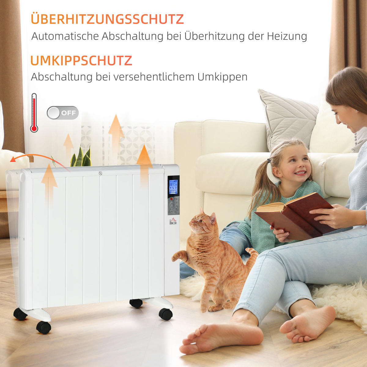 4 Modi Heizkörper 2000W Elektroheizung mit LCD-Display Rollen Fernbedienung Weiß - Weiß, Metall (7.5/58.5/75cm) - HOMCOM