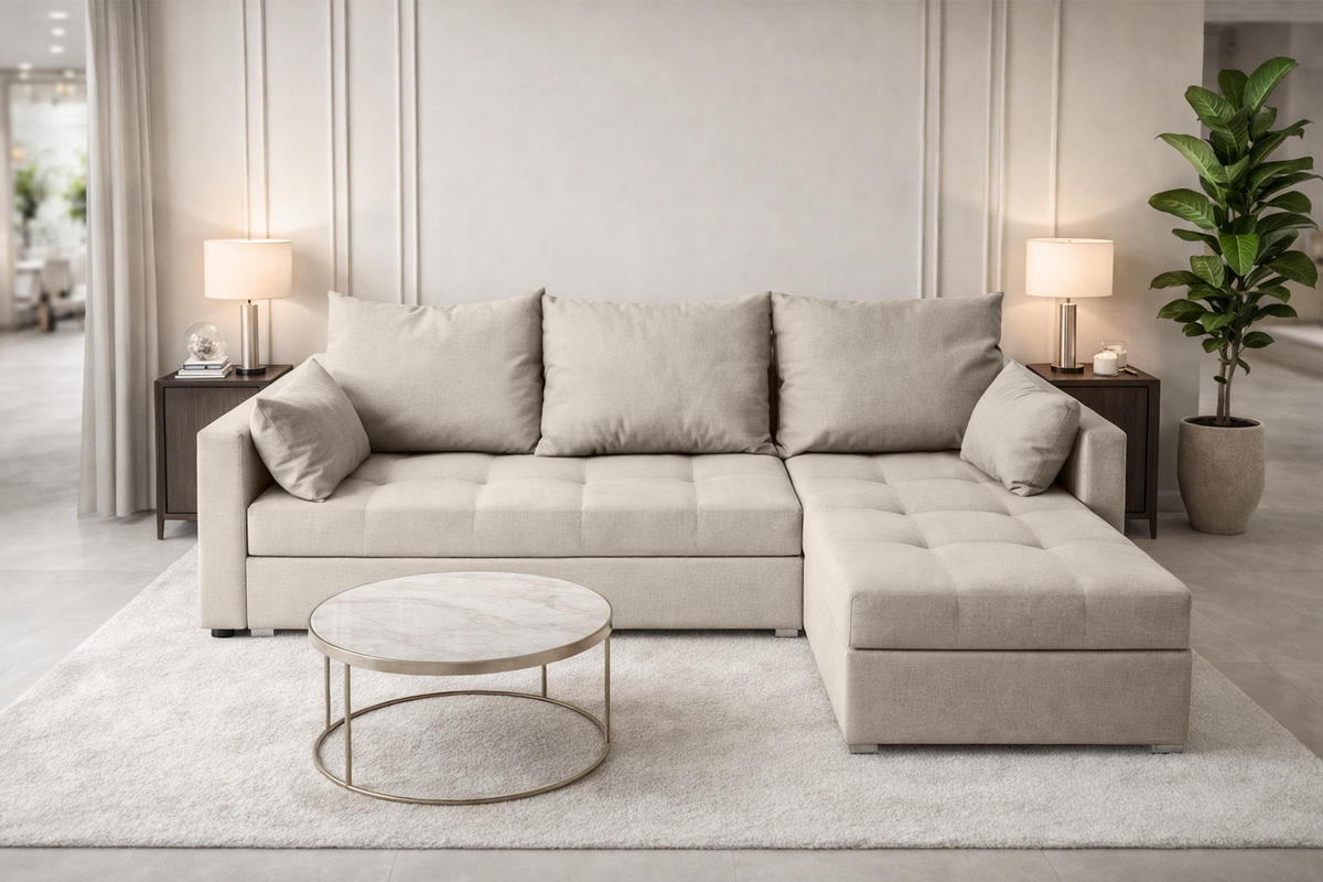 ECKSOFA Universelle L Form Elif Beige 220/140/85 cm stilvolle mit Schlaffunktion - Beige/Silberfarben, Kunststoff/Textil (220/140cm) - AX Living