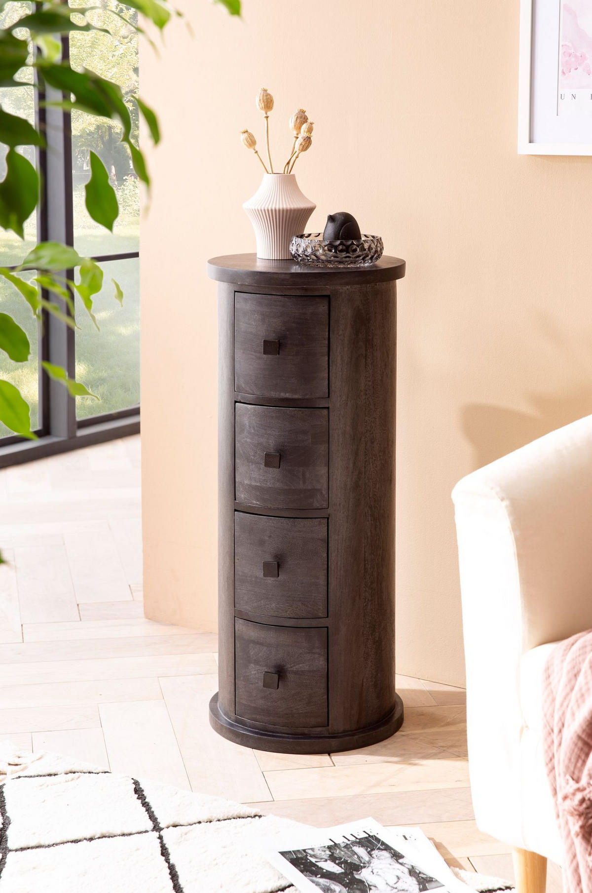 KOMMODE – Mango Massivholz, 34x85x34 cm, 4 Schubladen, schmal, schwarz - Schwarz, Holz (34/85/34cm) - KADIMA DESIGN