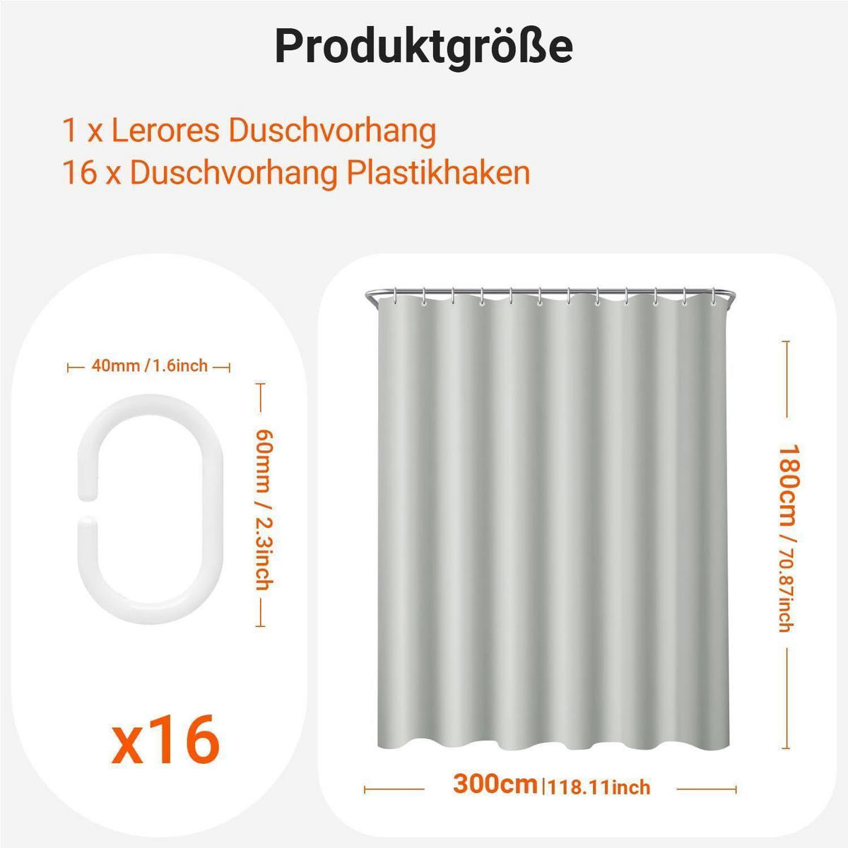 DUSCHVORHANG Grau 300 x 180 cm Wasserabweisend Beschwerter Saum Waschbar Polyester - Grau, Textil (300/180cm)