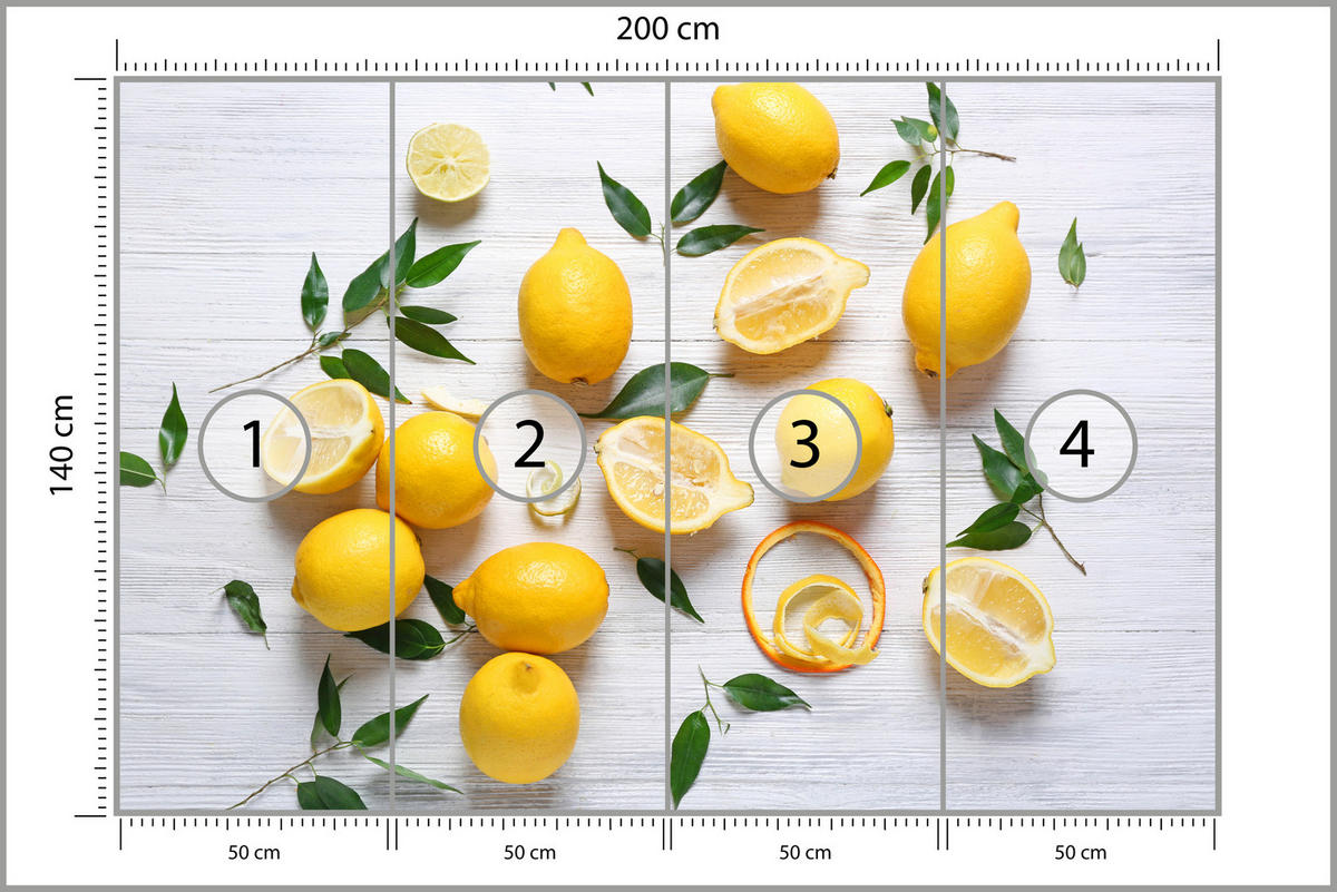 FOTOTAPETE für Küche Zitronen Holztisch Blätter Frisch Rustikal 200x140 - Gelb/Weiß, Papier (200/140cm) - Muralo