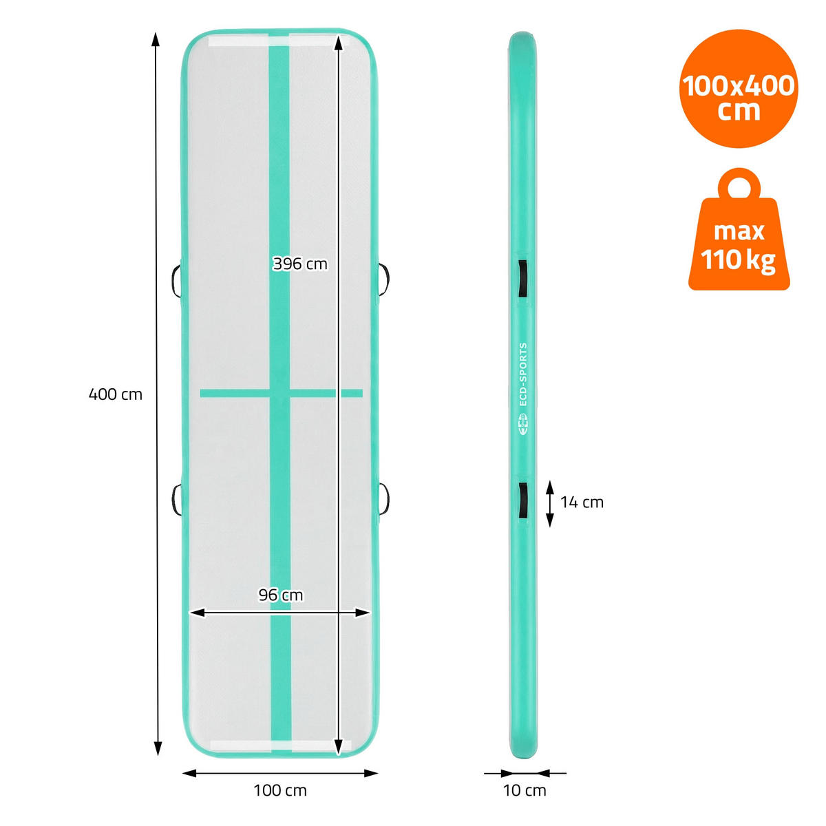 NAFUKOVACÍ gymnastická podložka Airtrack 400 x 100 x 10 cm, mintově zelená - zelená barva, plast (100/400cm) - ECD-Germany