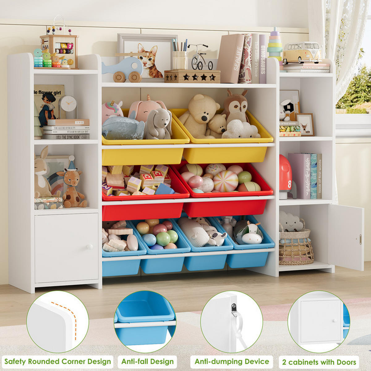 KINDERREGAL –Aufbewahrung für Spielzeug und Bücher, 138×29×94 cm, mit 8 Boxen und 9 Fächern - Weiß, Holz (29.6/94.3/138.8cm) - Kaket