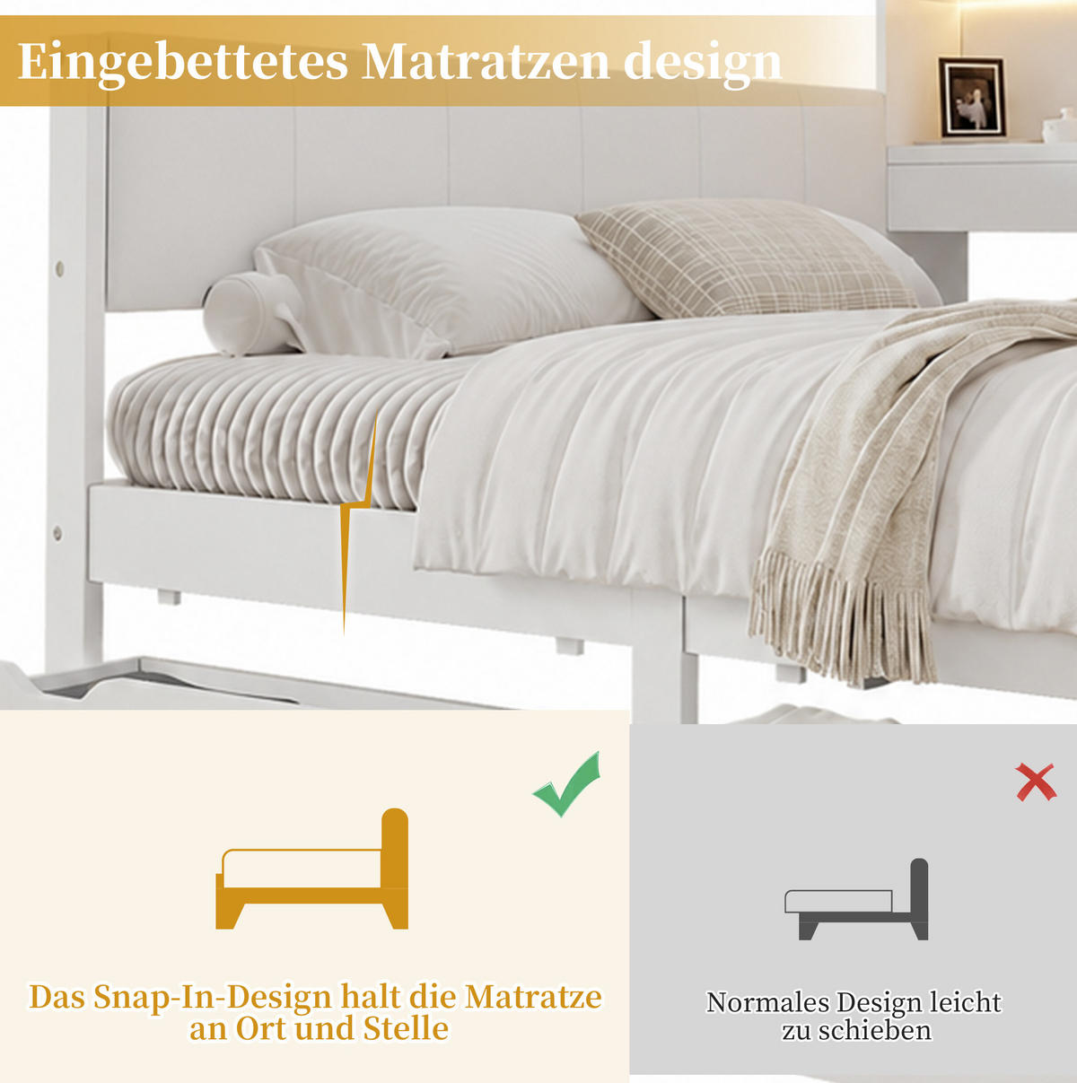 KINDERBETT aus MDF 140x200 cm Weiß mit LED-Beleuchtung, USB-Anschluss, Stauraum und PU-Kopfteil - Weiß, Holzwerkstoff (140/200cm) - Modfu