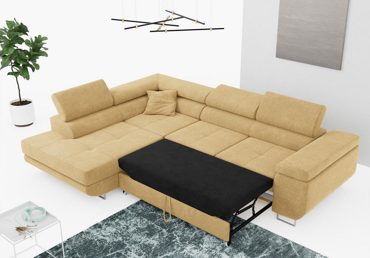 ROHOVÁ SEDAČKA GUSTAW L - Žlutý Strukturovaná látka - Levá Strana - stříbrná/žlutá, kov/textil (275/205cm) - MKS