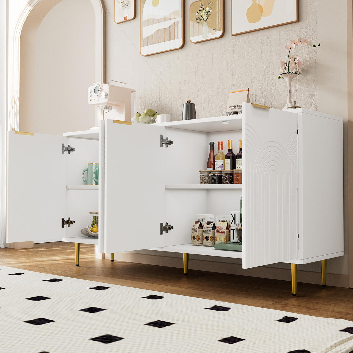 SIDEBOARD 160/40/80 cm mit 4 Türen in Weiß mit goldfarbenen Griffen - Weiß, Holzwerkstoff (160/80/40cm) - BEAOK