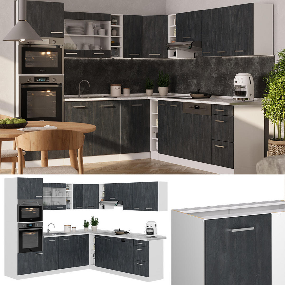 ECKKÜCHE IN L-FORM R-Line Schwarz Beton/Weiß 237 x 247 cm AP Eiche - Schwarz/Weiß, Holzwerkstoff (247/81.6/60cm) - Vicco