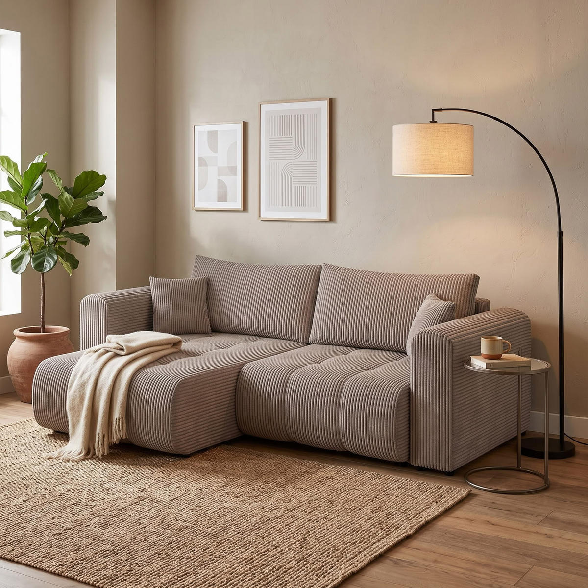ECKSOFA RIVA Links Vanille Cord-Stoff L-Form Couch mit Schlaffunktion & Bettkasten - Schwarz/Weiß, Holz (255/160cm) - Barchello
