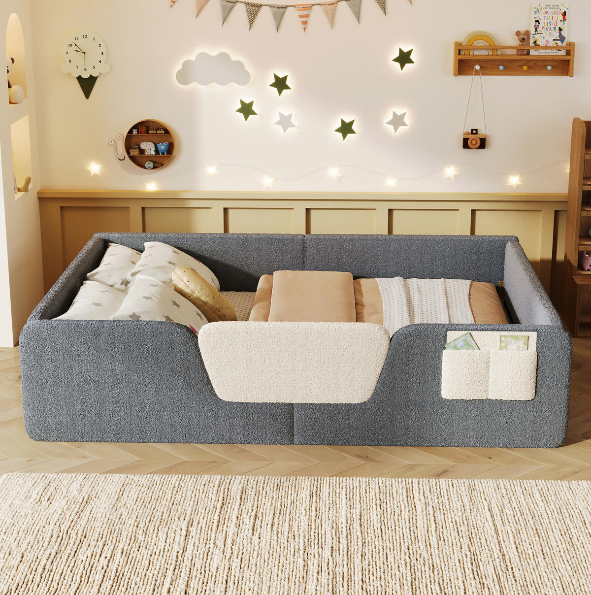 POLSTERBETT 140/200 cm grau aus Velours mit abnehmbaren Seitengittern - Grau, Textil (140/190cm) - OKWISH