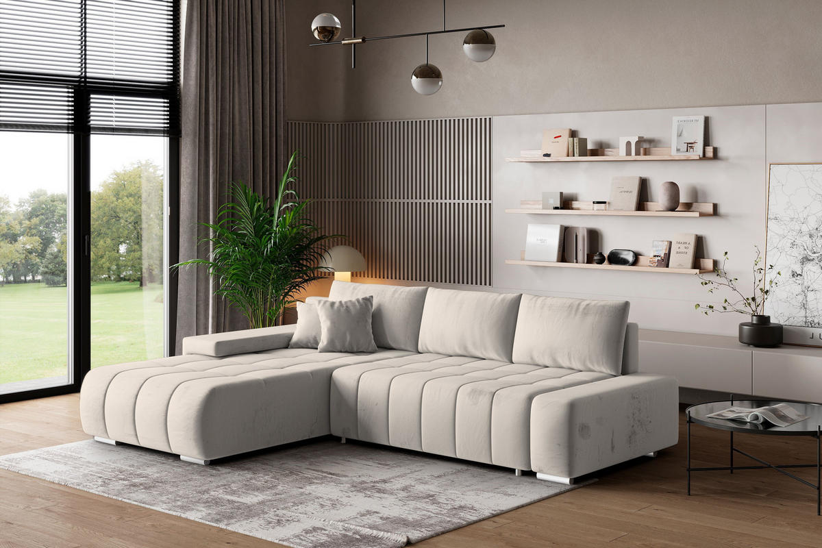 ECKSOFA ALESE L-S Creme Velours-Stoff mit Schlaffunktion - Creme, Holz (265/185cm) - MASSENO