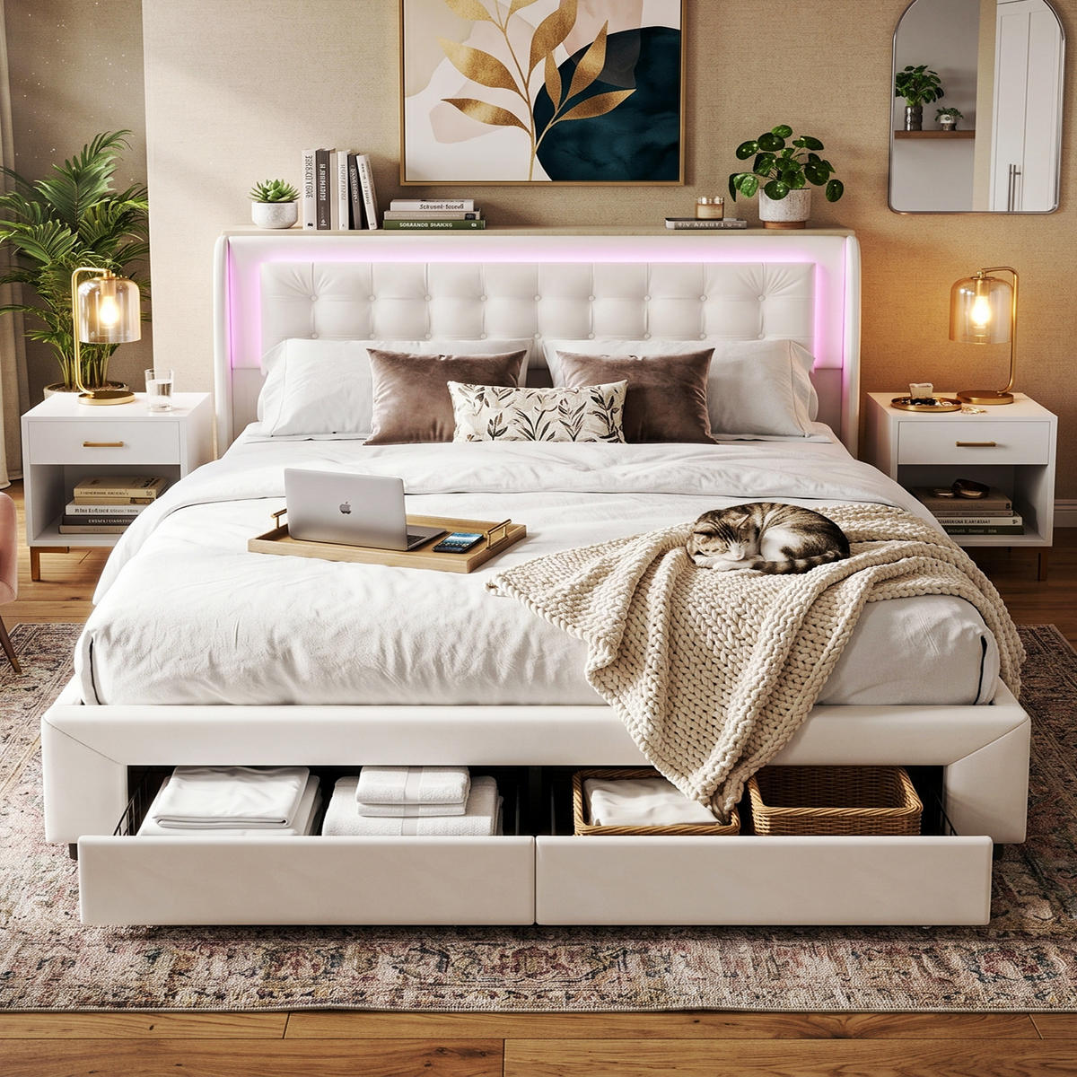 POLSTERBETT Chesterfield 180/200 cm mit Bettkasten & Schubladen Samtoptik Beige - Beige, Textil (180/200cm) - Creahappy