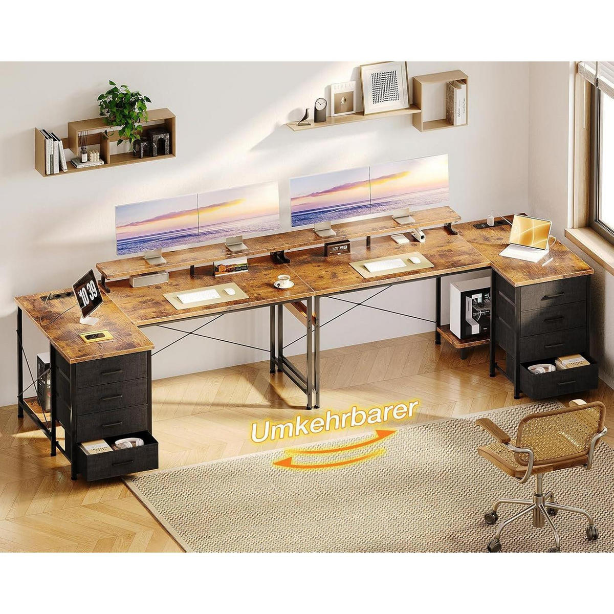SCHREIBTISCH L Form 140 x 80 cm Braun mit Monitorablage und USB - Braun, Holzwerkstoff (140/80/84.7cm)
