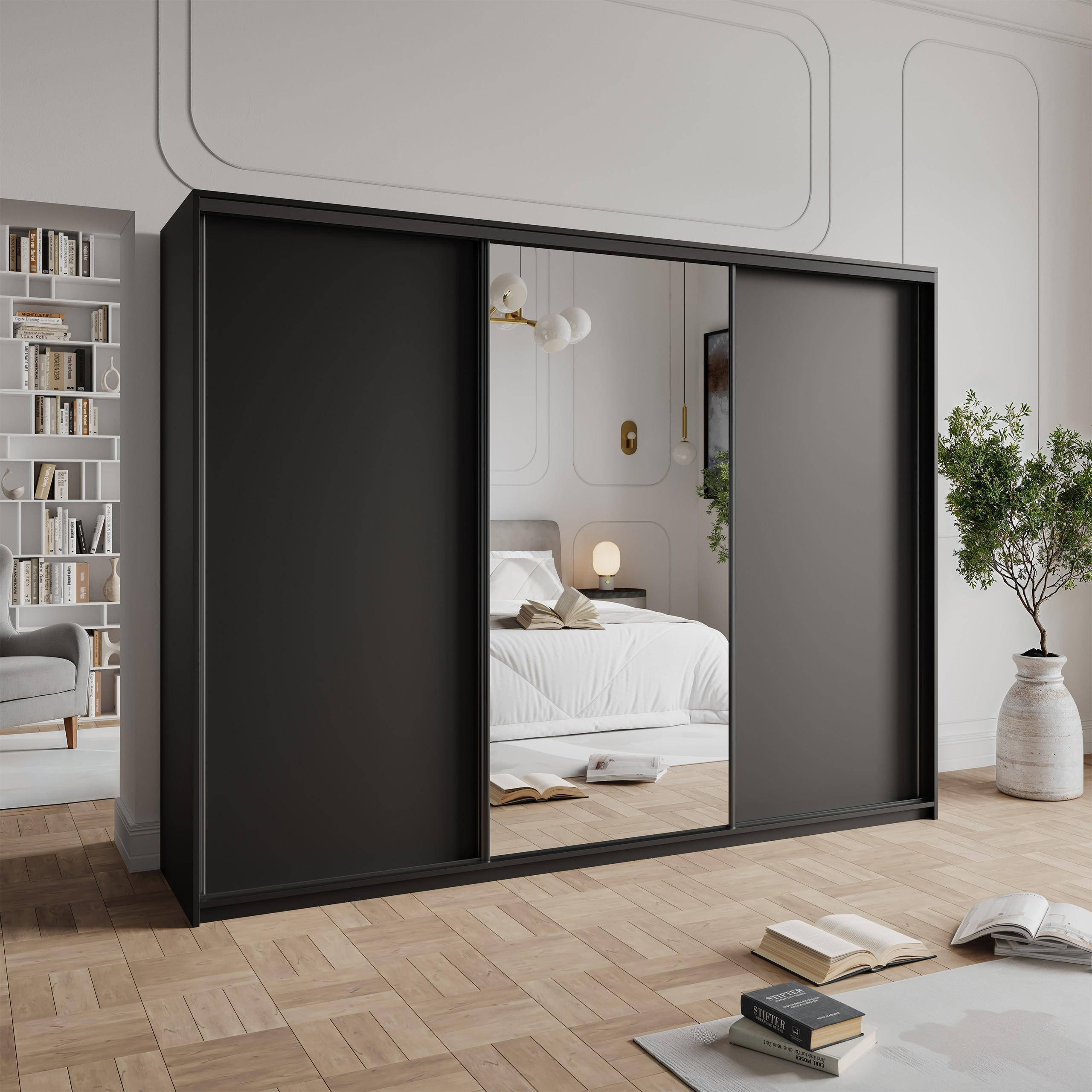 SCHWEBETÜRENSCHRANK TAVI 250/205/60 cm 3-türig mit Spiegel und Schubladen Schwarz - Schwarz, Holzwerkstoff (250/205/60cm) - MASSENO