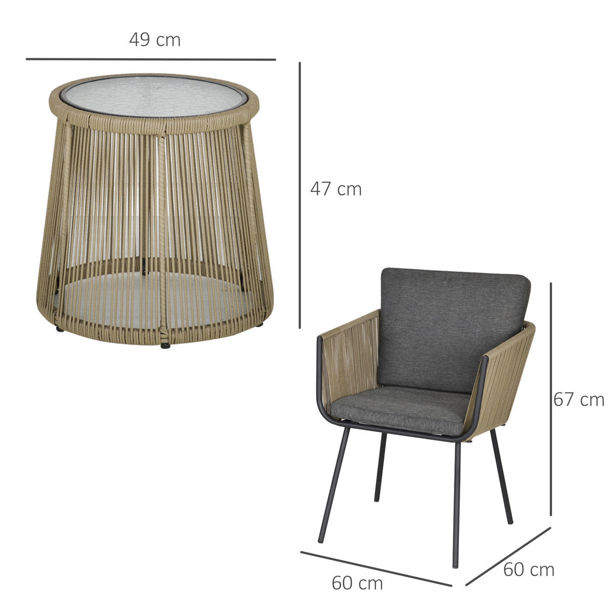 SITZGRUPPE, 3-tlg. Rattan Gartenmöbel-Set, Gartengarnitur mit 2 Gartenstühle - Grau, Kunststoff - Outsunny