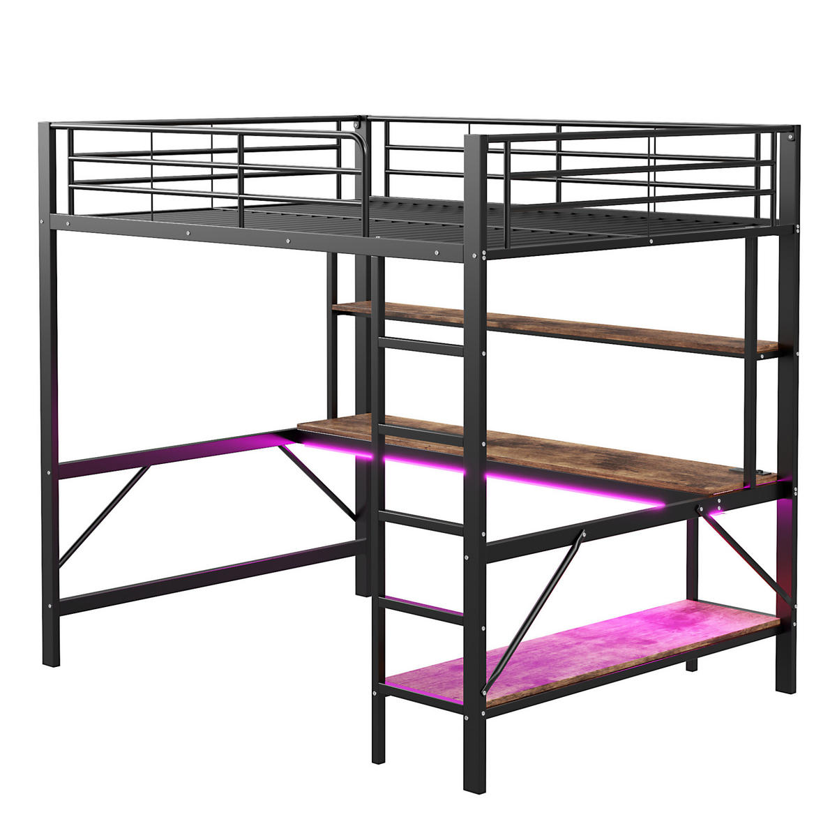 HOCHBETT 140/200 cm mit Schreibtisch, Regal, USB, Steckdose und LED-Beleuchtung, Metall, Schwarz - Schwarz, Metall (140/200cm) - Redom