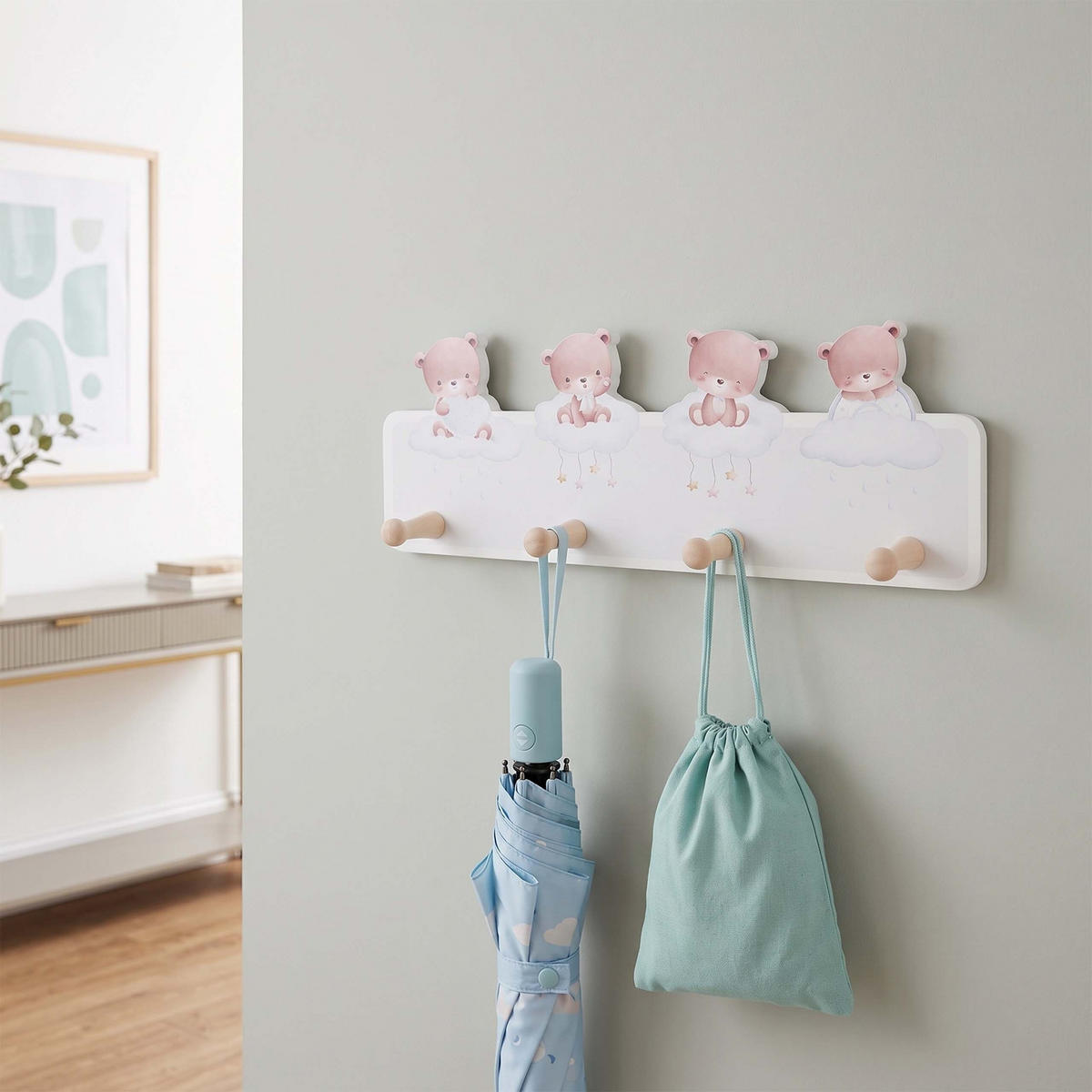VĚŠÁK Barevný MDF borovicové dřevo 4 háčky 15x38 cm - různobarevná/světle růžová, dřevo/kompozitní dřevo (38/15/5.5cm) - Relaxdays