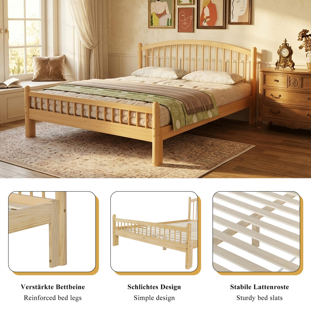 BETT 140/200 cm in Beige & Natur Massivholz mit Lattenrost Gitter-design - Naturfarben, Holzwerkstoff (140/200cm) - STILVORA
