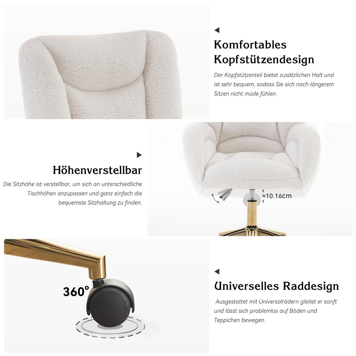 DREHSTUHL Teddy-Stoff höhenverstellbar und 360° drehbar 64/62/92.5 cm Weiß - Weiß, Textil (62/92.5/64cm) - Redom