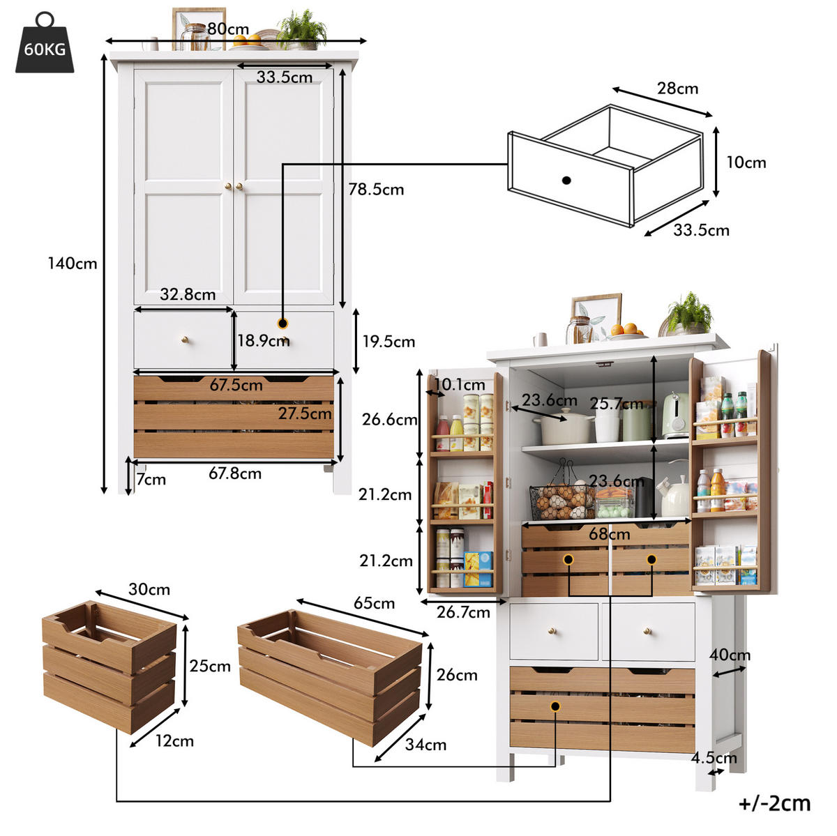 KÜCHENSCHRANK mit 5 Schubladen 80x40x140 cm MDF Weiß - Weiß, Holzwerkstoff (40/140/80cm) - Meubliv