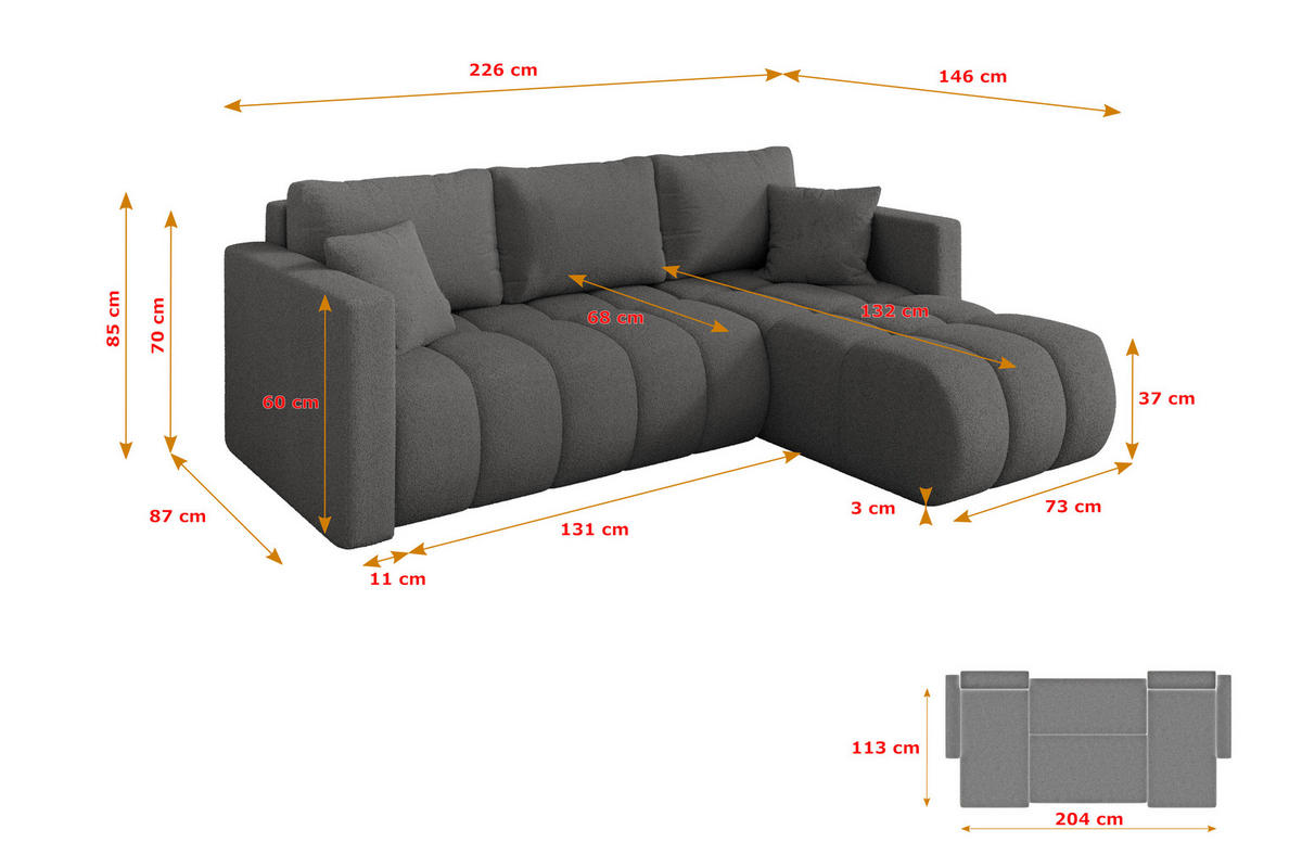ROHOVÁ SEDAČKA s funkcí spaní, otoman vpravo GARD-L 226x146x85 šedá bouclé - šedá/černá, kompozitní dřevo/textil (226/146cm) - ALTDECOR