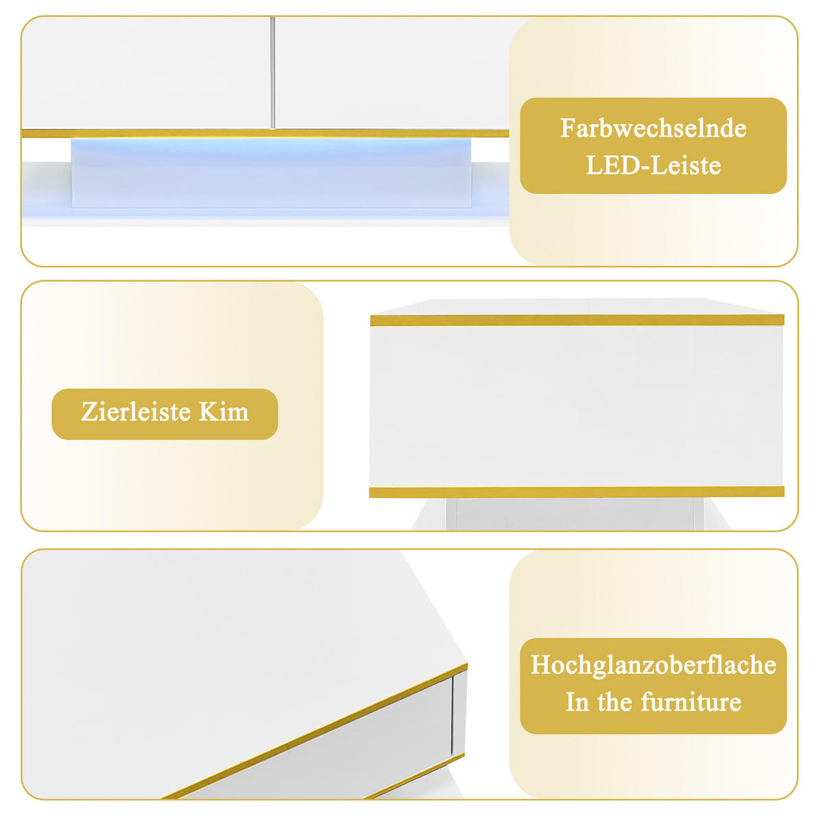COUCHTISCH 100/50/40 cm mit LED-Beleuchtung, 3 Schubladen und offenem Fach, Hochglanz mit Golddekor, Weiß/Gold - Weiß, Holzwerkstoff (100/50/40cm) - Redom